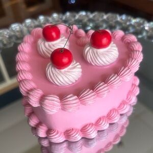 Pink Heart-Shaped resinFake Cake with Cherries faux dessert Valentines Day decor